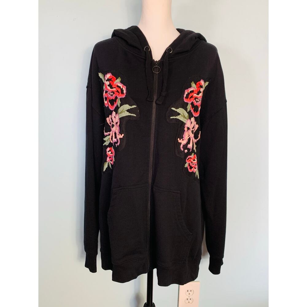 Sanctuary Black Floral Embroidered Hooded Sweatshirt Size L - Picture 6 of 9